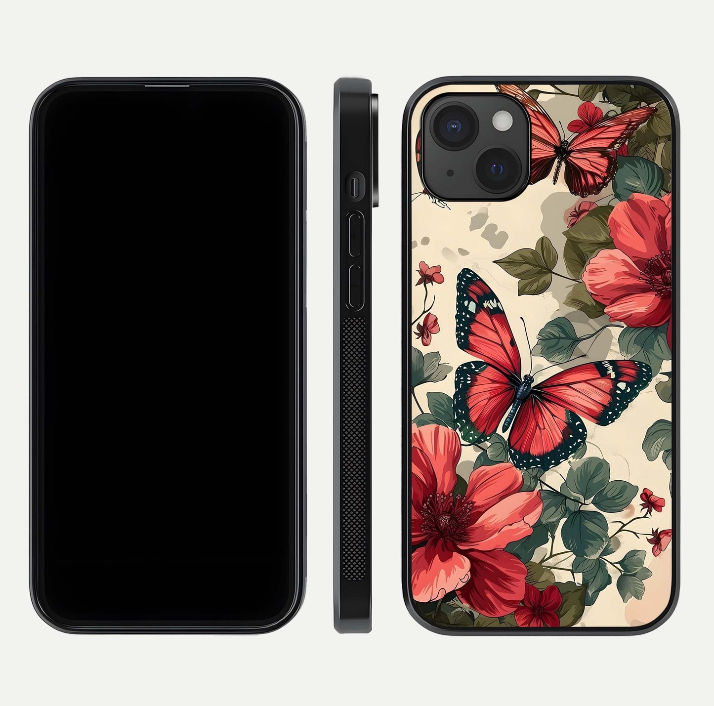 Crimson Butterfly Garden Glass Case for iPhone 15 Plus dual-view layout displaying floral patterns and edge finish