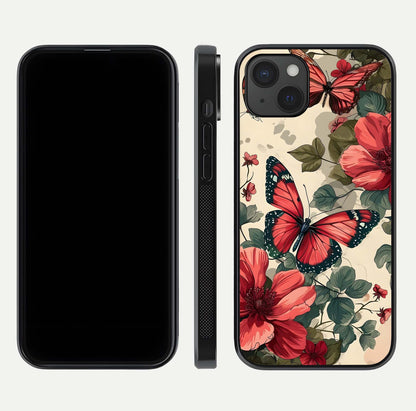 Crimson Butterfly Garden Glass Case for iPhone 15 Plus dual-view layout displaying floral patterns and edge finish