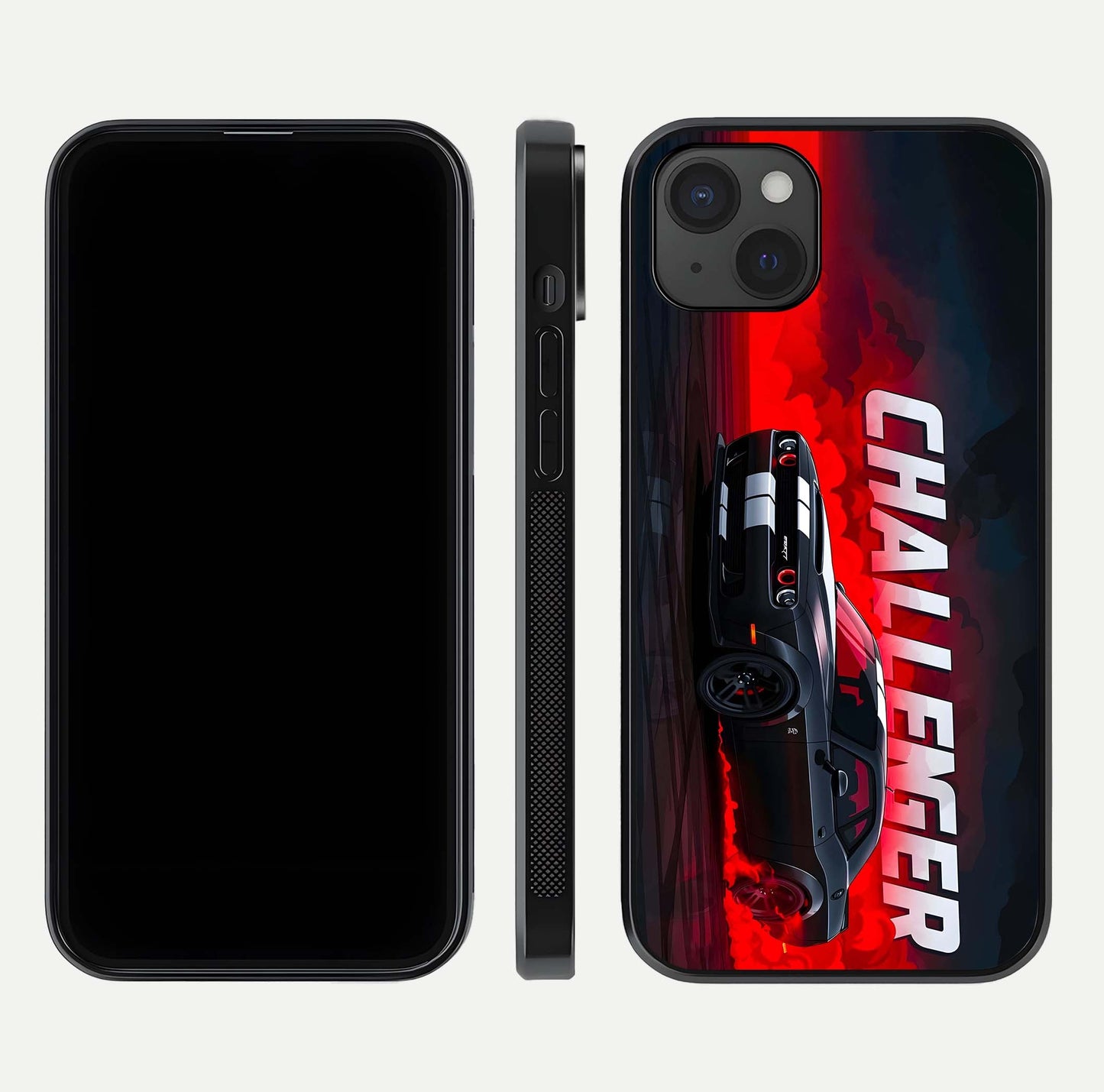 Crimson Challenger Fury Glass Case for iPhone 15 Plus dual-view layout displaying bold tones and edge polish