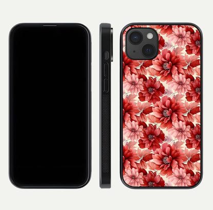 Crimson Love Petals Glass Case for iPhone 15 Plus dual-view layout displaying floral charm and curved glass