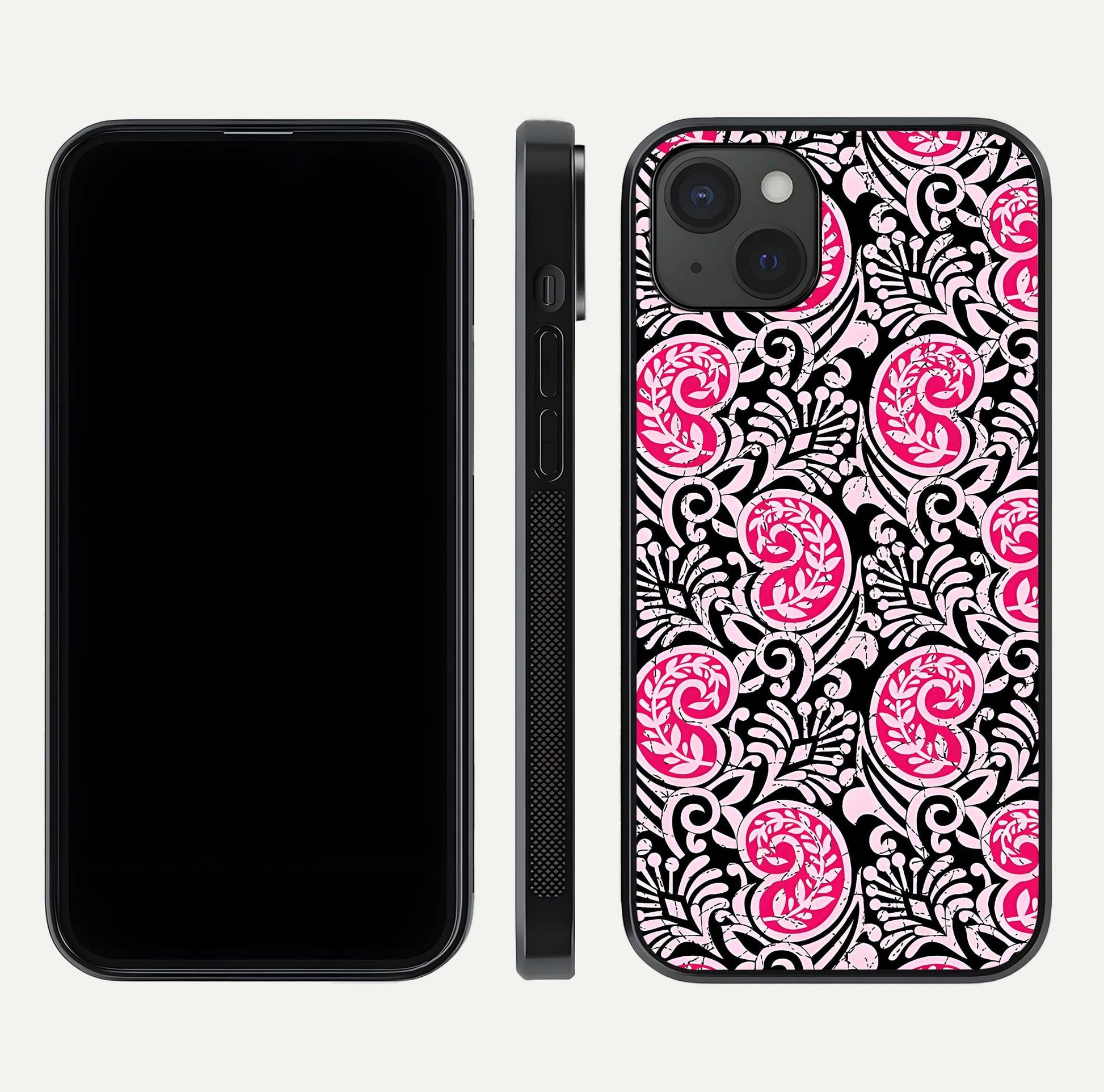 Crimson Paisley Charm Glass Case for iPhone 15 Plus dual-view layout displaying HD print and curved polish