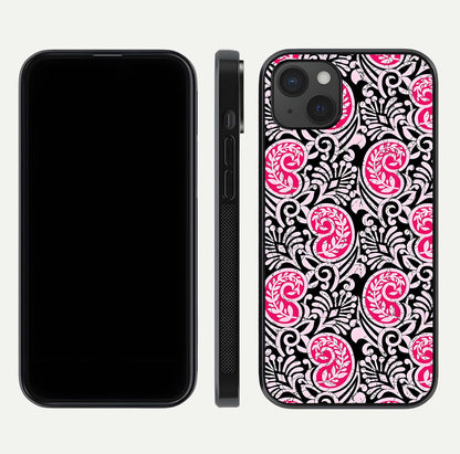 Crimson Paisley Charm Glass Case for iPhone 15 Plus dual-view layout displaying HD print and curved polish
