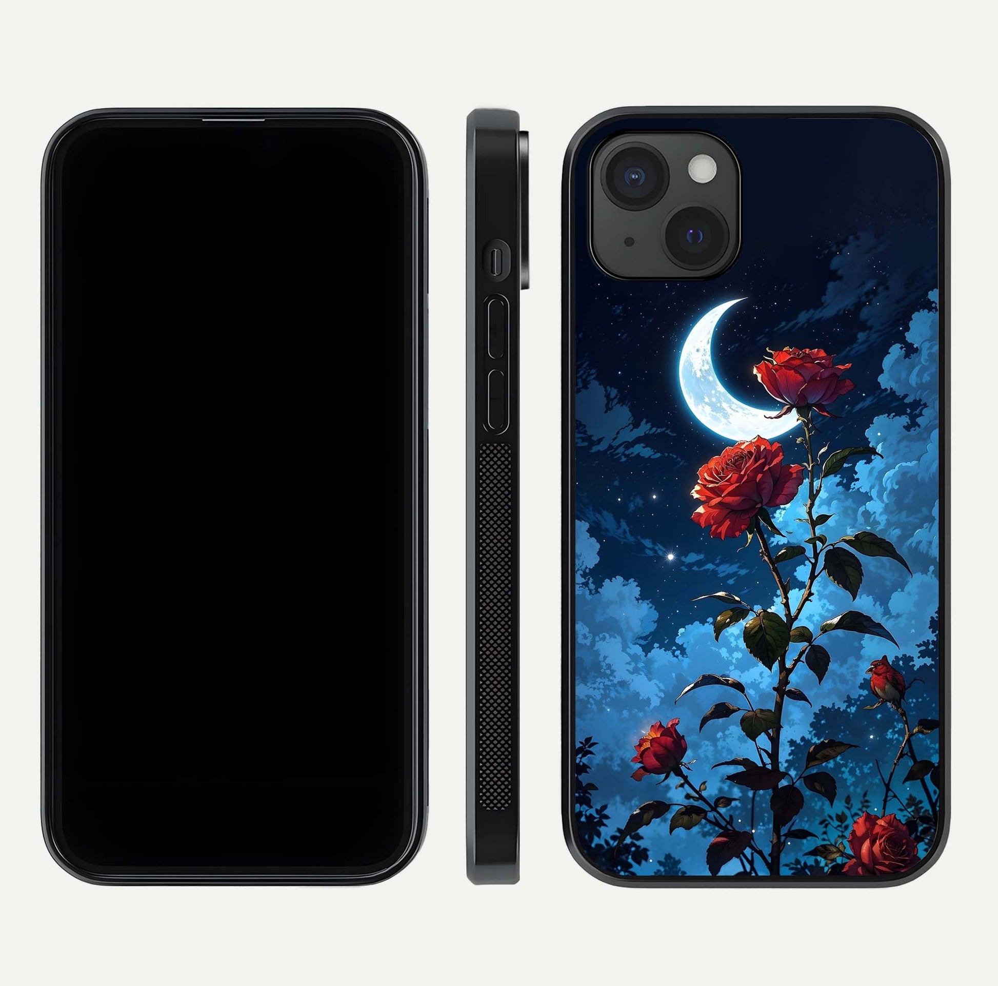 Crimson Rose Moon Glass Case for iPhone 15 Plus dual-view layout displaying red tones and soft gloss