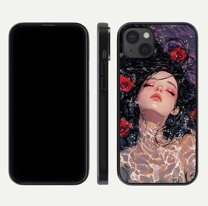 Crimson Rose Serenity Glass Case for iPhone 15 Plus dual-view layout displaying serenity tones and curved glass