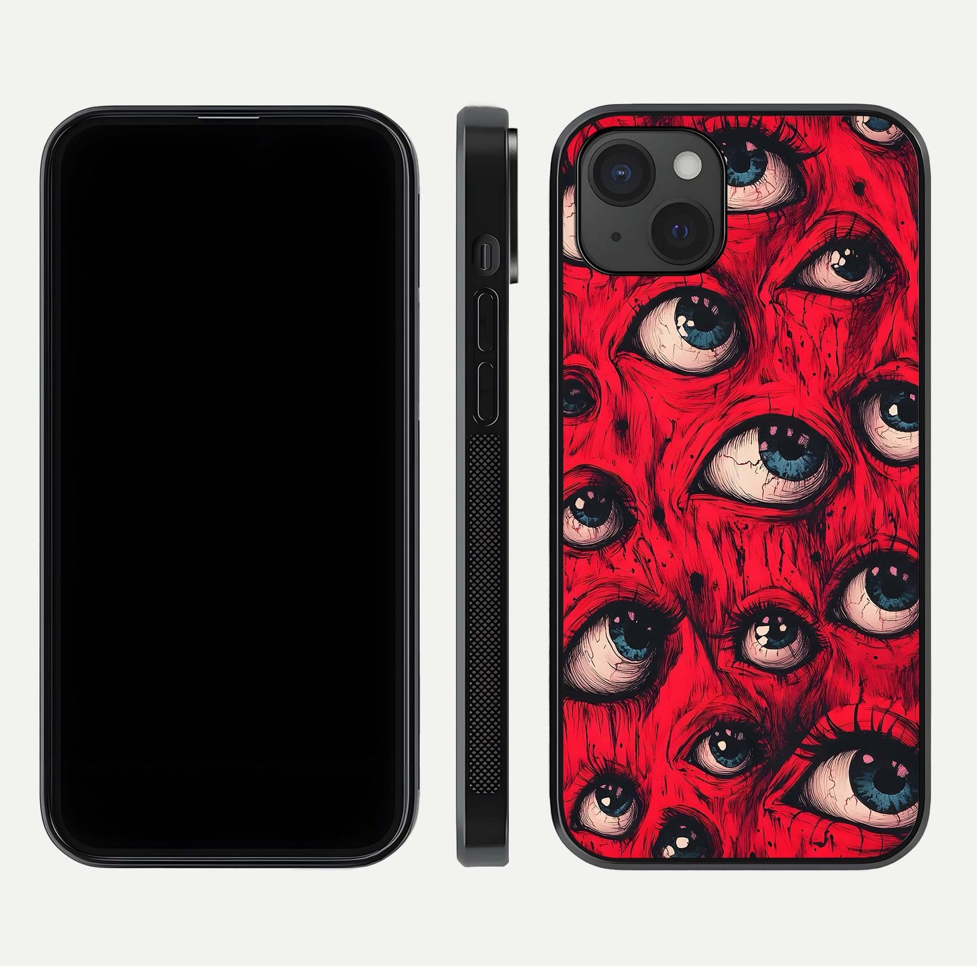 Crimson Watch Eyes Glass Case for iPhone 15 Plus dual-view layout displaying abstract tones and curved edges