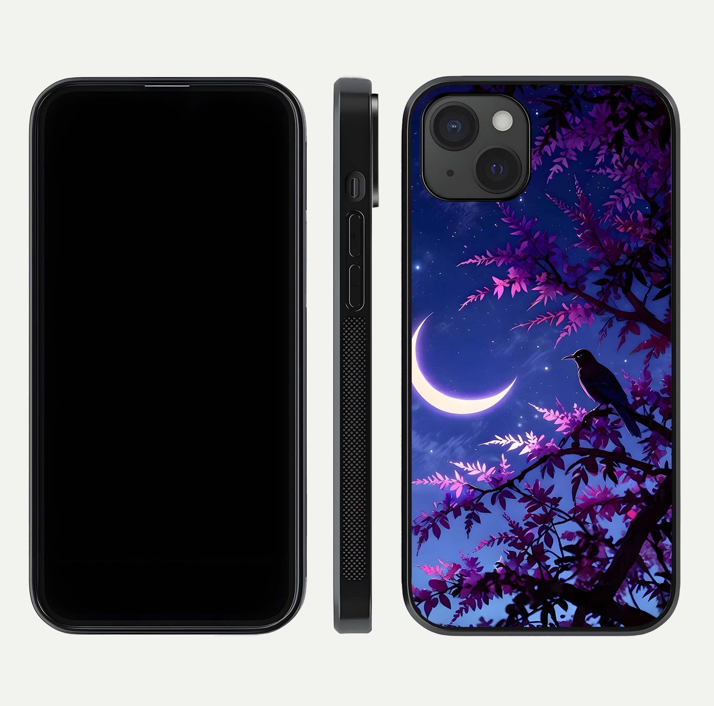 Crow & Moon Scenery Glass Case for iPhone 15 Plus dual-view layout displaying night sky art and curved glass edges