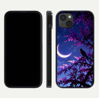 Crow & Moon Scenery Glass Case for iPhone 15 Plus dual-view layout displaying night sky art and curved glass edges