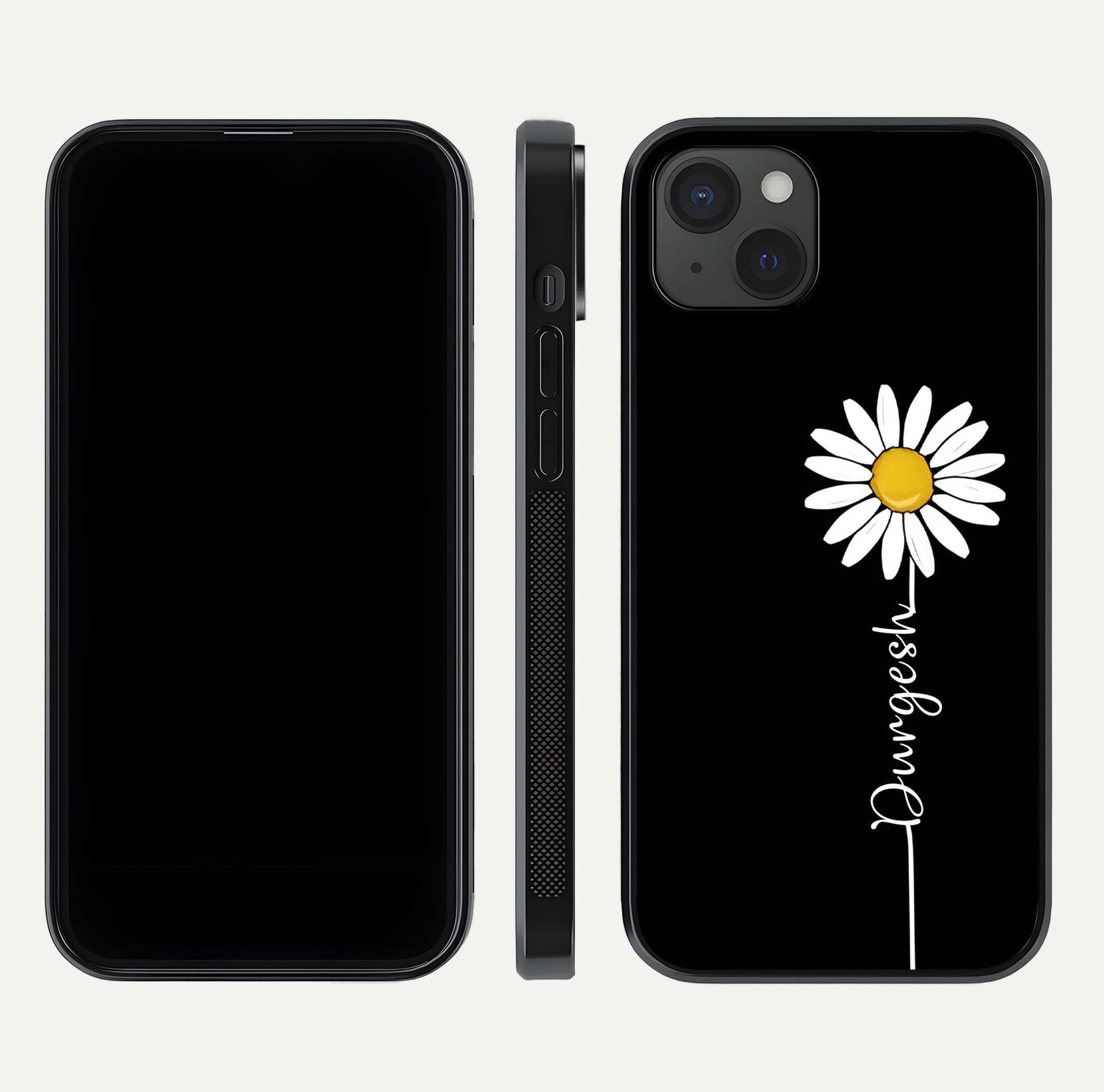 Custom Name White Flower Glass Case for iPhone 15 Plus dual-view layout showing elegant floral tone and curved edge finish