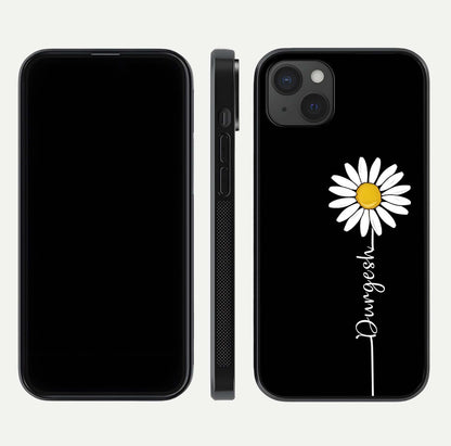 Custom Name White Flower Glass Case for iPhone 15 Plus dual-view layout showing elegant floral tone and curved edge finish