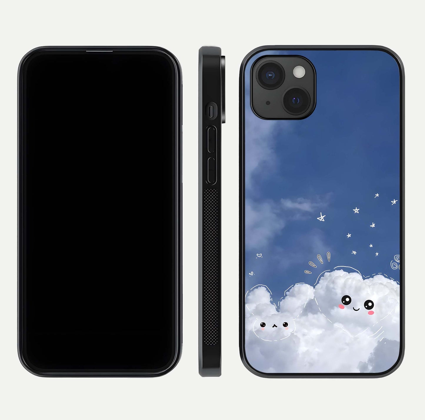 Cute Blossom Cloud Glass Case for iPhone 15 Plus dual-view layout displaying cute floral clouds and polished edge