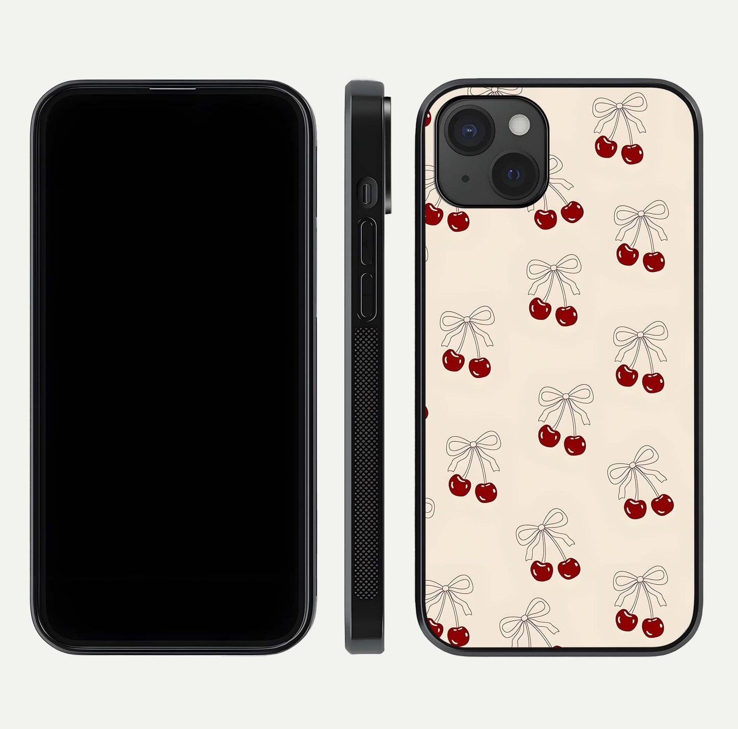 Cute Cherry Pattern Glass Case for iPhone 15 Plus dual-view layout displaying aesthetic fruit print and smooth edges