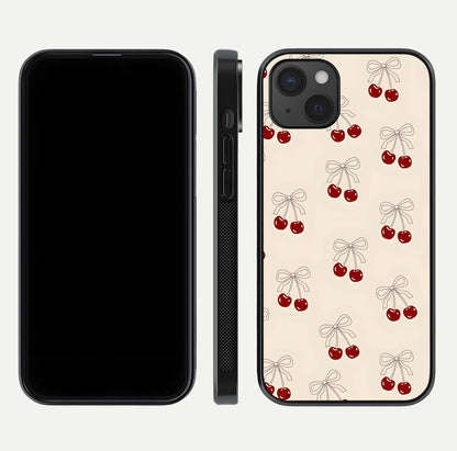 Cute Cherry Pattern Glass Case for iPhone 15 Plus dual-view layout displaying aesthetic fruit print and smooth edges