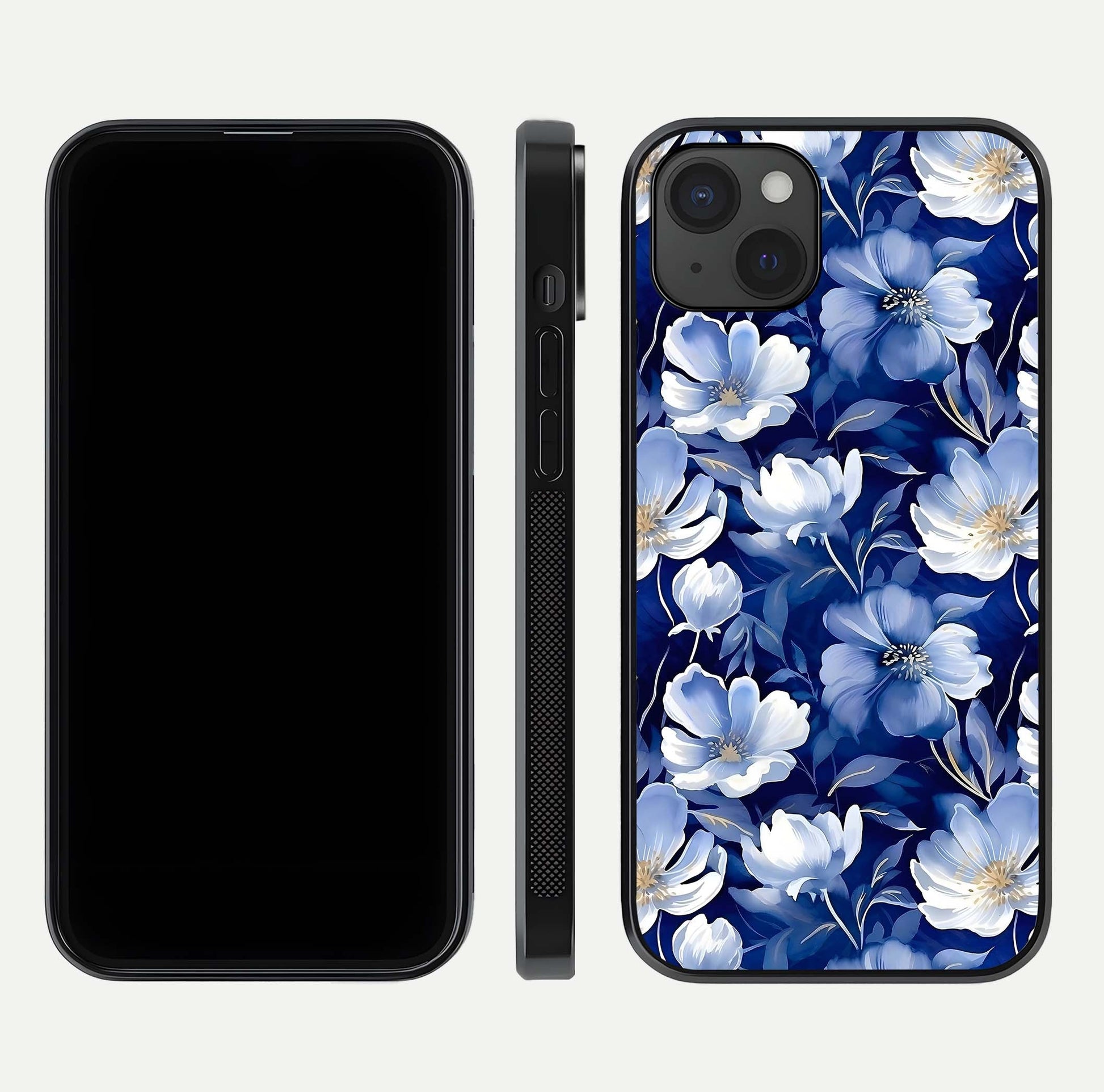 Cute Floral Patterns Glass Case for iPhone 15 Plus dual-view layout displaying HD floral print and curved edges