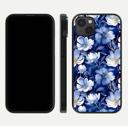 Cute Floral Patterns Glass Case for iPhone 15 Plus dual-view layout displaying HD floral print and curved edges