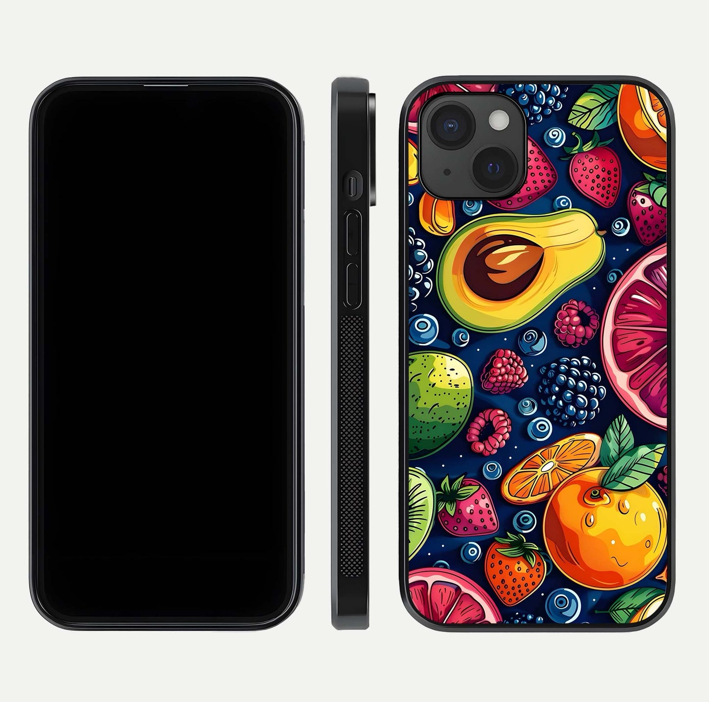 Cute Fruits Art Glass Case for iPhone 15 Plus dual-view layout displaying playful tones and curved design