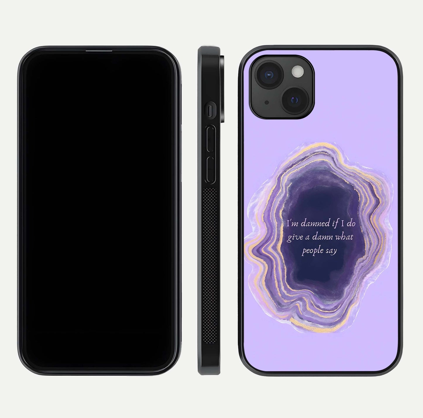 Damned People Quote Glass Case for iPhone 15 Plus dual-view layout displaying modern print and glass clarity