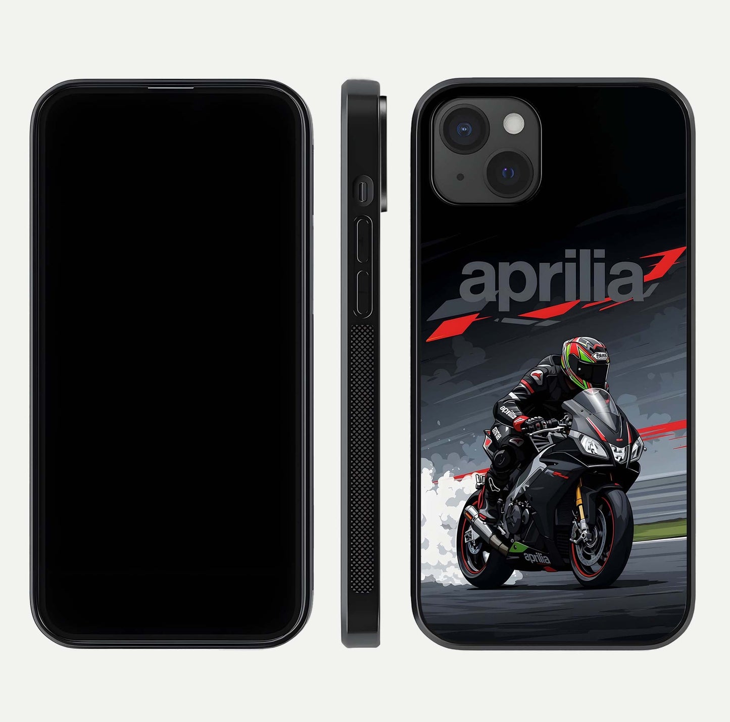 Dark Aprilla Glass Case for iPhone 15 Plus dual-view layout displaying sleek racing look and HD shine