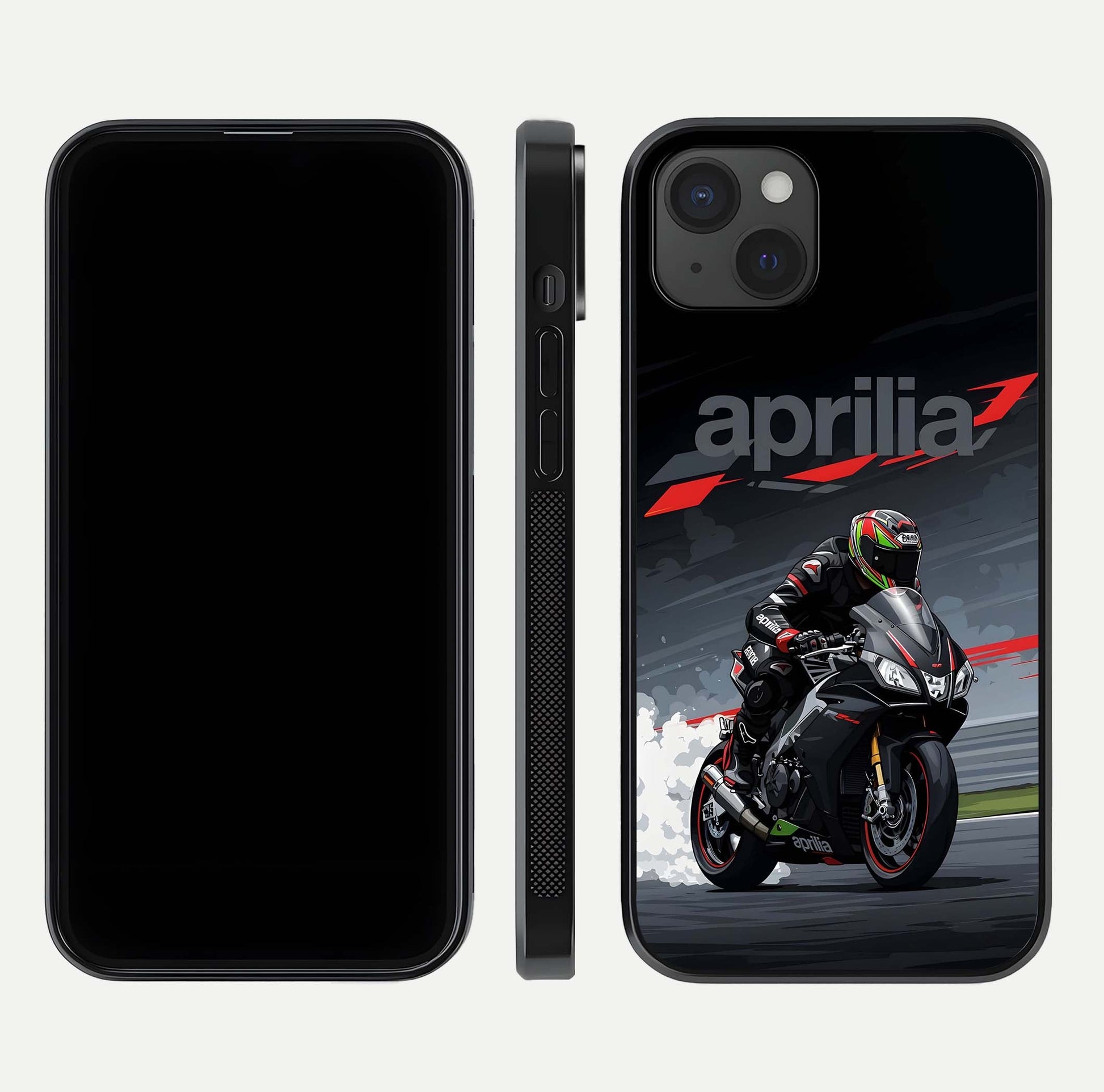 Dark Aprilla Glass Case for iPhone 15 Plus dual-view layout displaying sleek racing look and HD shine