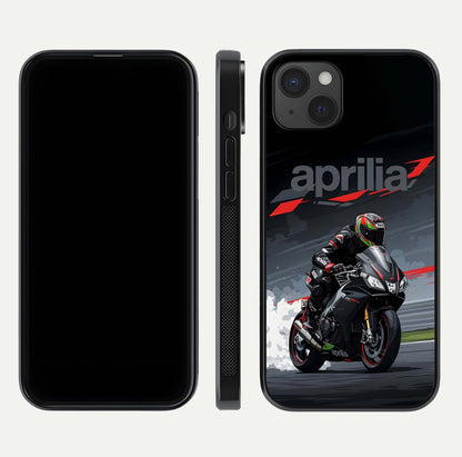 Dark Aprilla Glass Case for iPhone 15 Plus dual-view layout displaying sleek racing look and HD shine