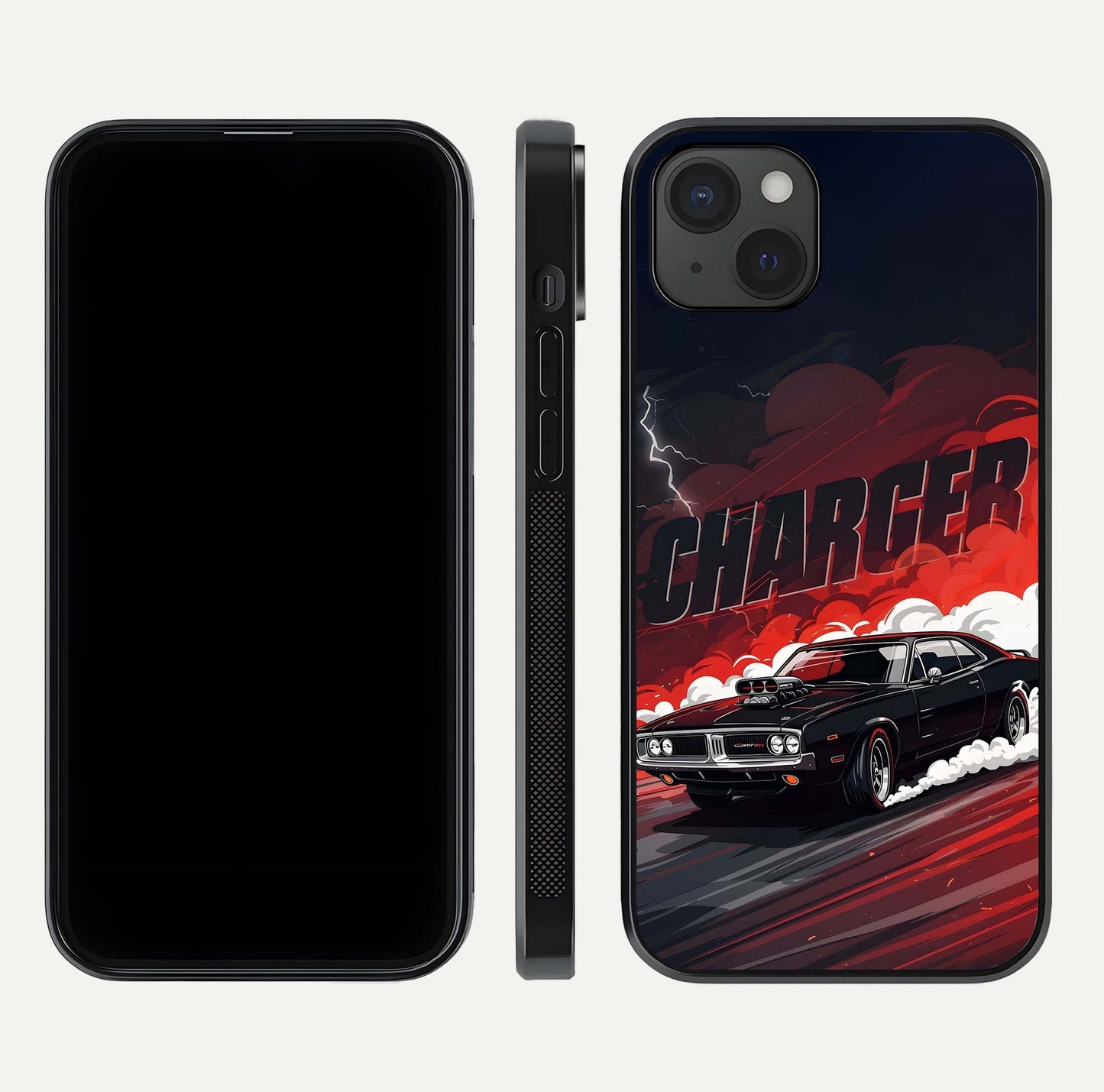 Dark Charger Fury Glass Case for iPhone 15 Plus dual-view layout displaying HD design and polished edges