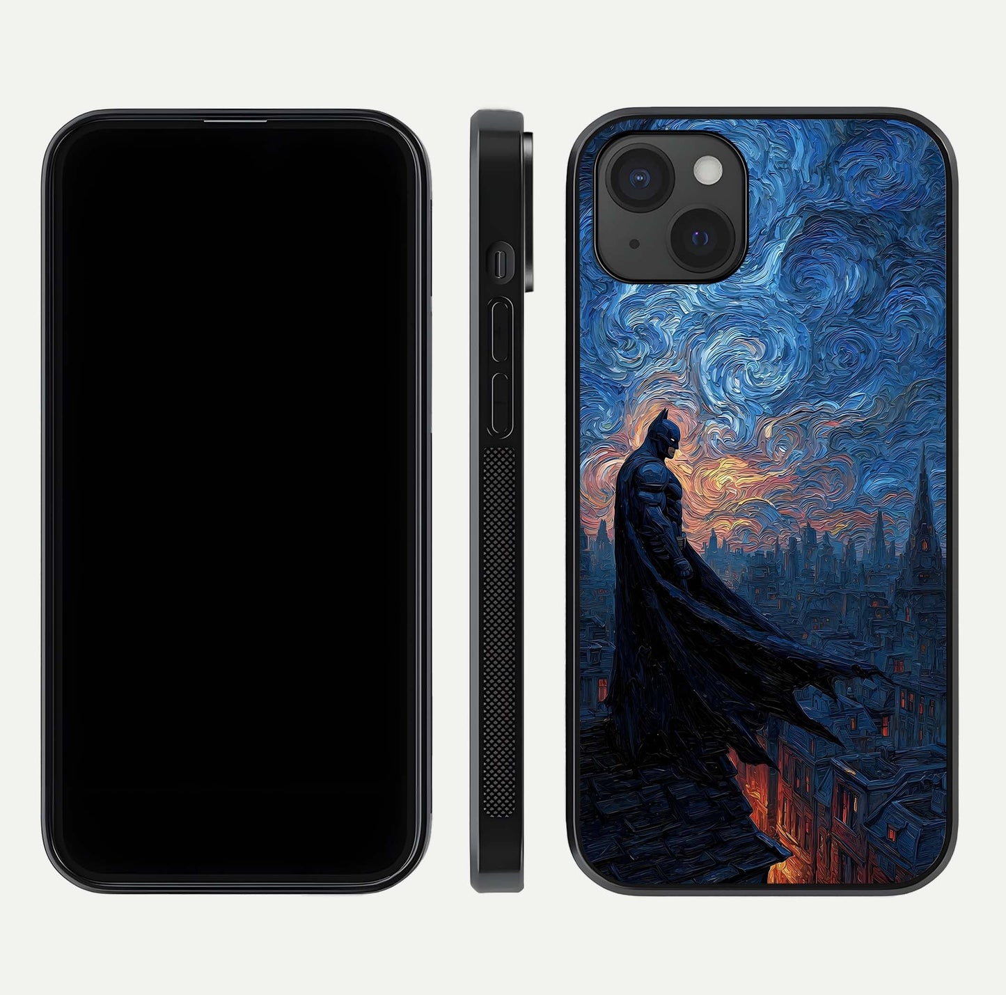 Dark Knight Dusk Glass Case for iPhone 15 Plus dual-view layout displaying HD hero print and curved glass edges