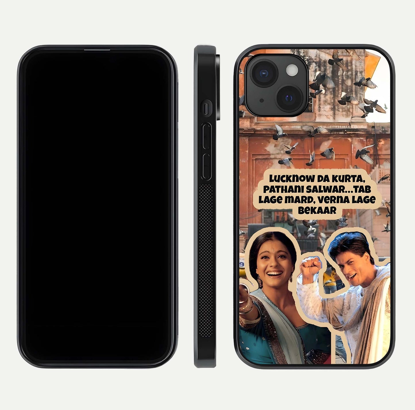 Desi Retro Vibes Glass Case for iPhone 15 Plus dual-view layout showing nostalgic design and smooth glass curve