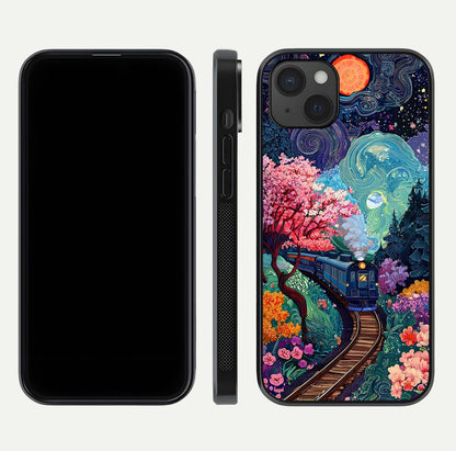 Digital Art Glass Case for iPhone 15 Plus dual-view layout displaying artistic tones and curved glass edge