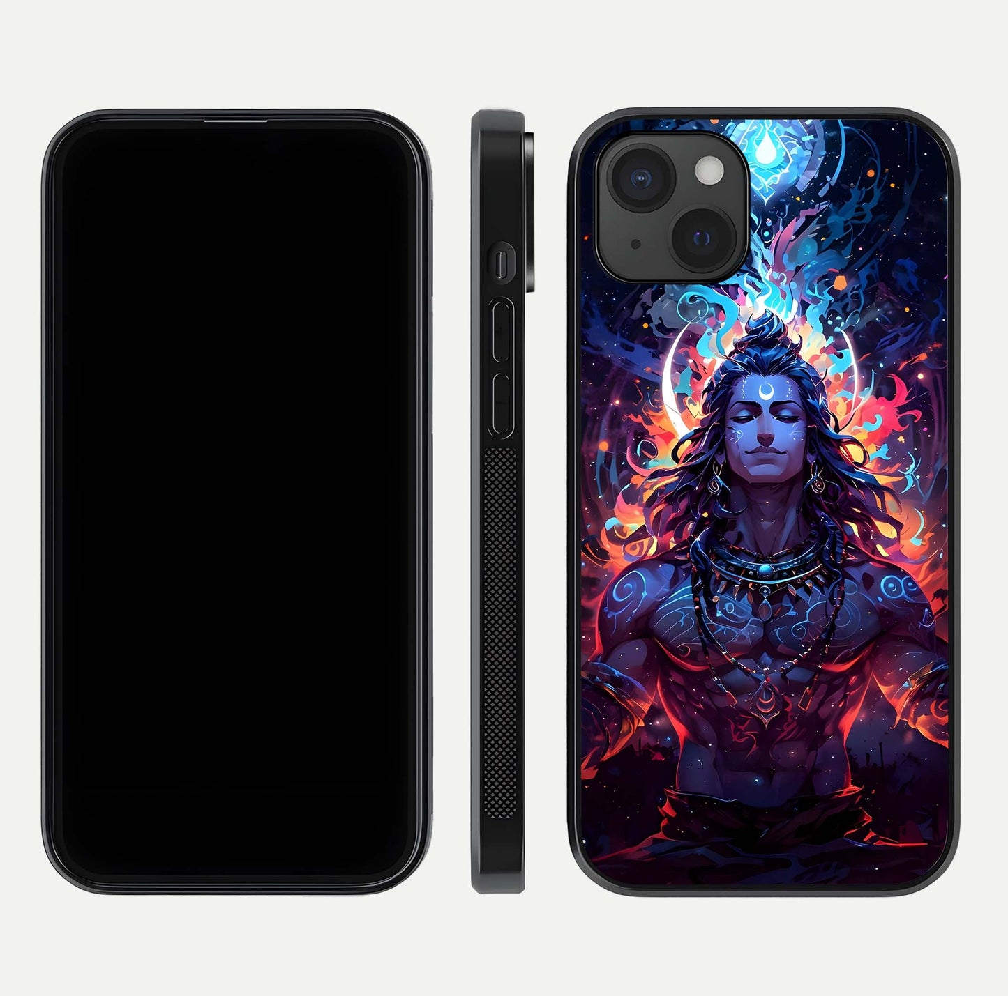 Divine Fire Shiv Glass Case for iPhone 15 Plus dual-view layout displaying HD deity print and curved edges