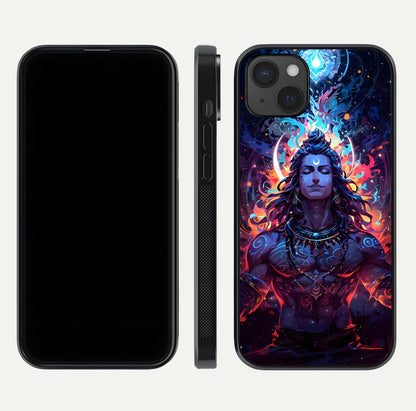 Divine Fire Shiv Glass Case for iPhone 15 Plus dual-view layout displaying HD deity print and curved edges