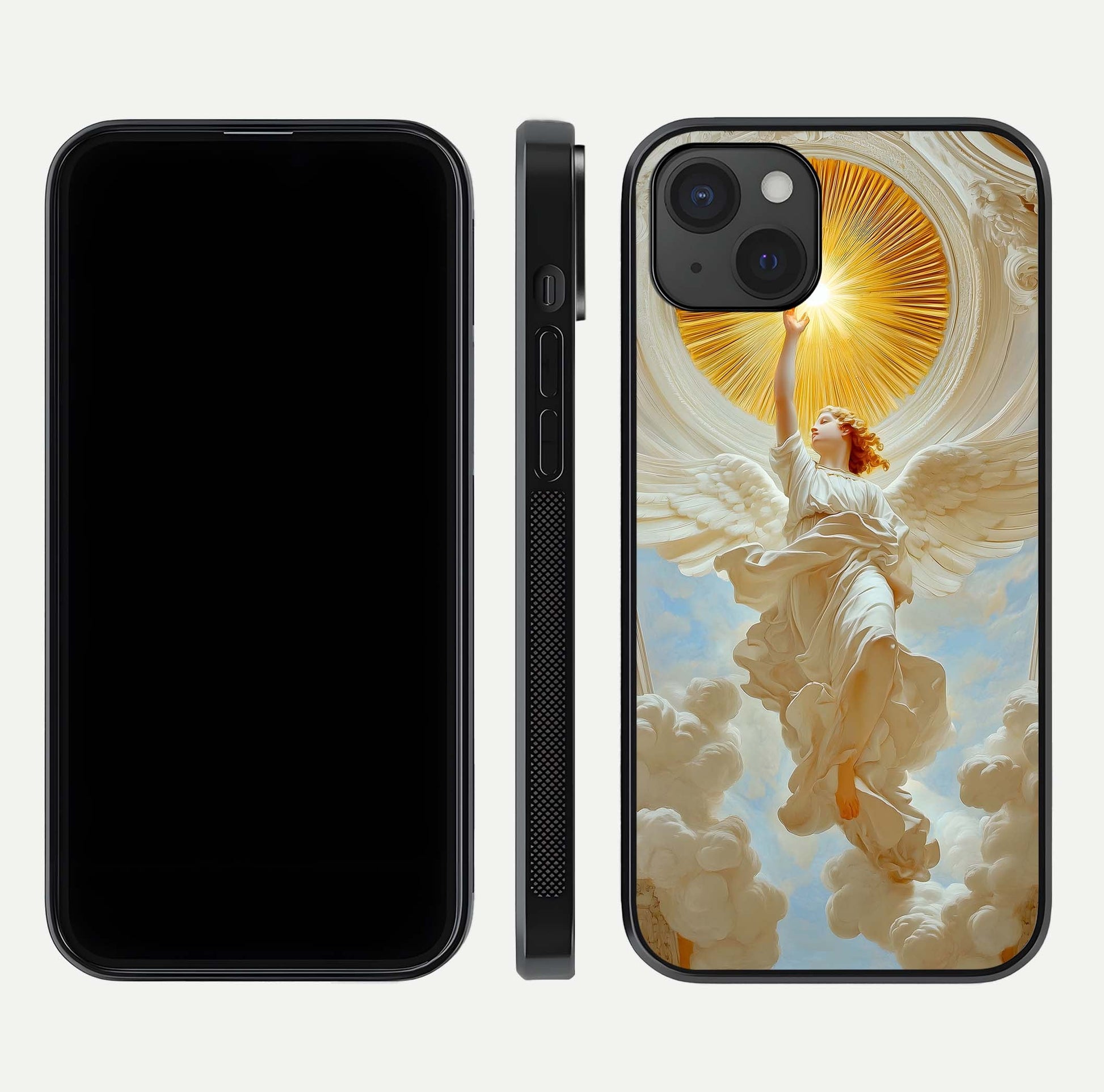 Divine Light Angel Glass Case for iPhone 15 Plus dual-view layout displaying celestial tones and smooth curves