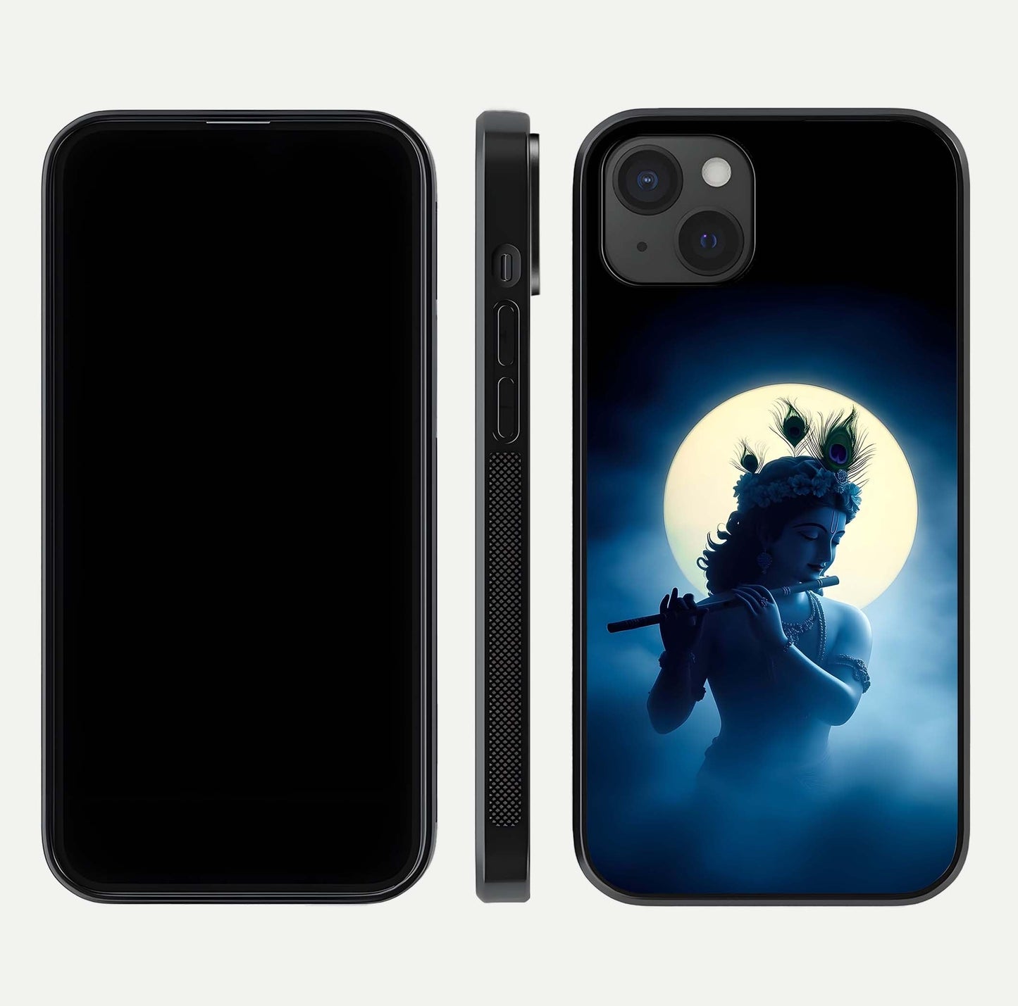 Divine Moon Flute Glass Case for iPhone 15 Plus dual-view layout displaying soft night tones and curved polish