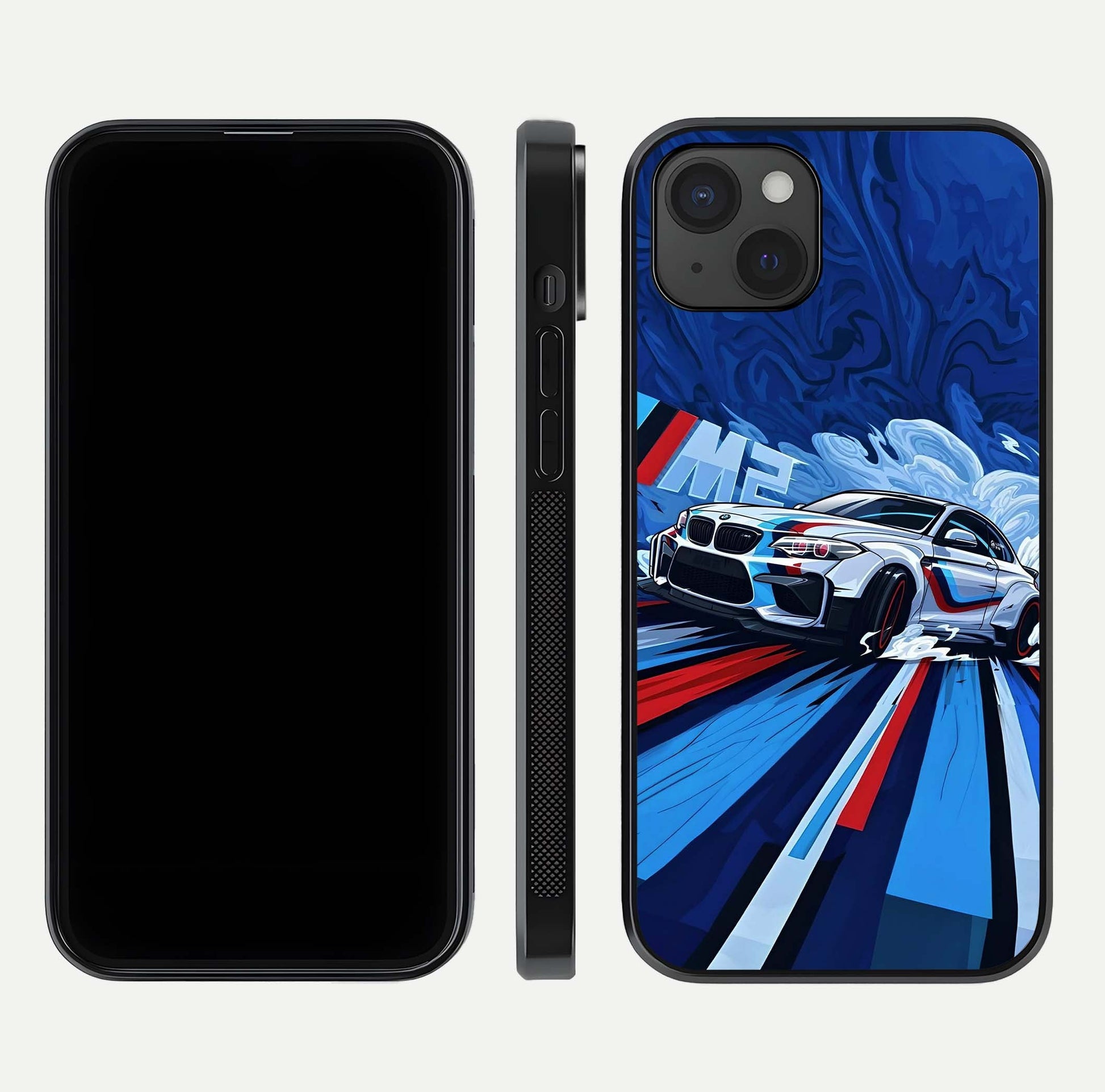 Drift Power Rush Glass Case for iPhone 15 Plus dual-view layout displaying dynamic motion art and HD gloss
