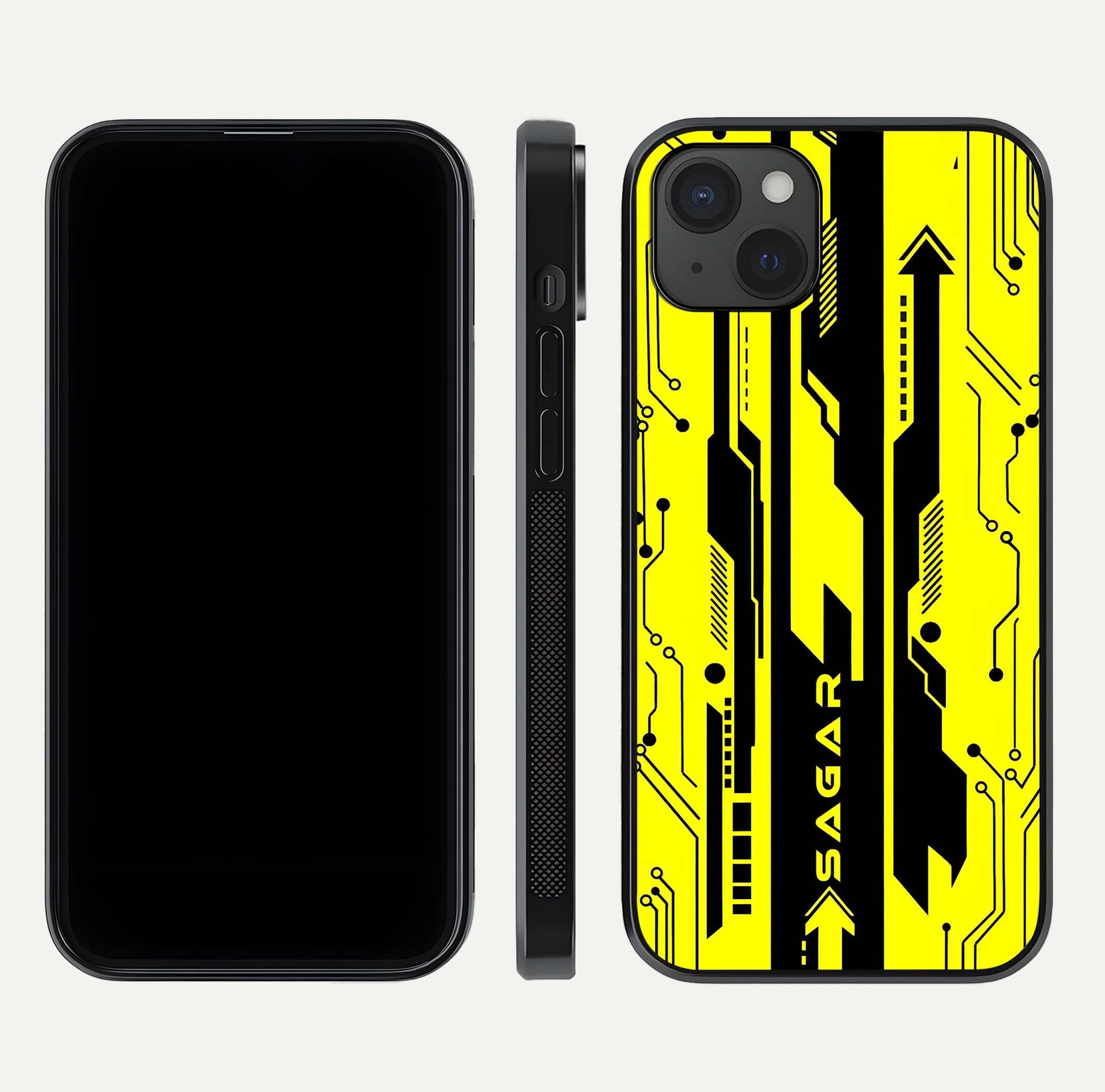 Electric Pulse CYBERPUNK Custom Name Glass Case for iPhone 15 Plus dual-view layout displaying futuristic hues and curved glass edges