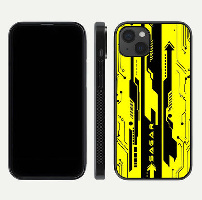 Electric Pulse CYBERPUNK Custom Name Glass Case for iPhone 15 Plus dual-view layout displaying futuristic hues and curved glass edges