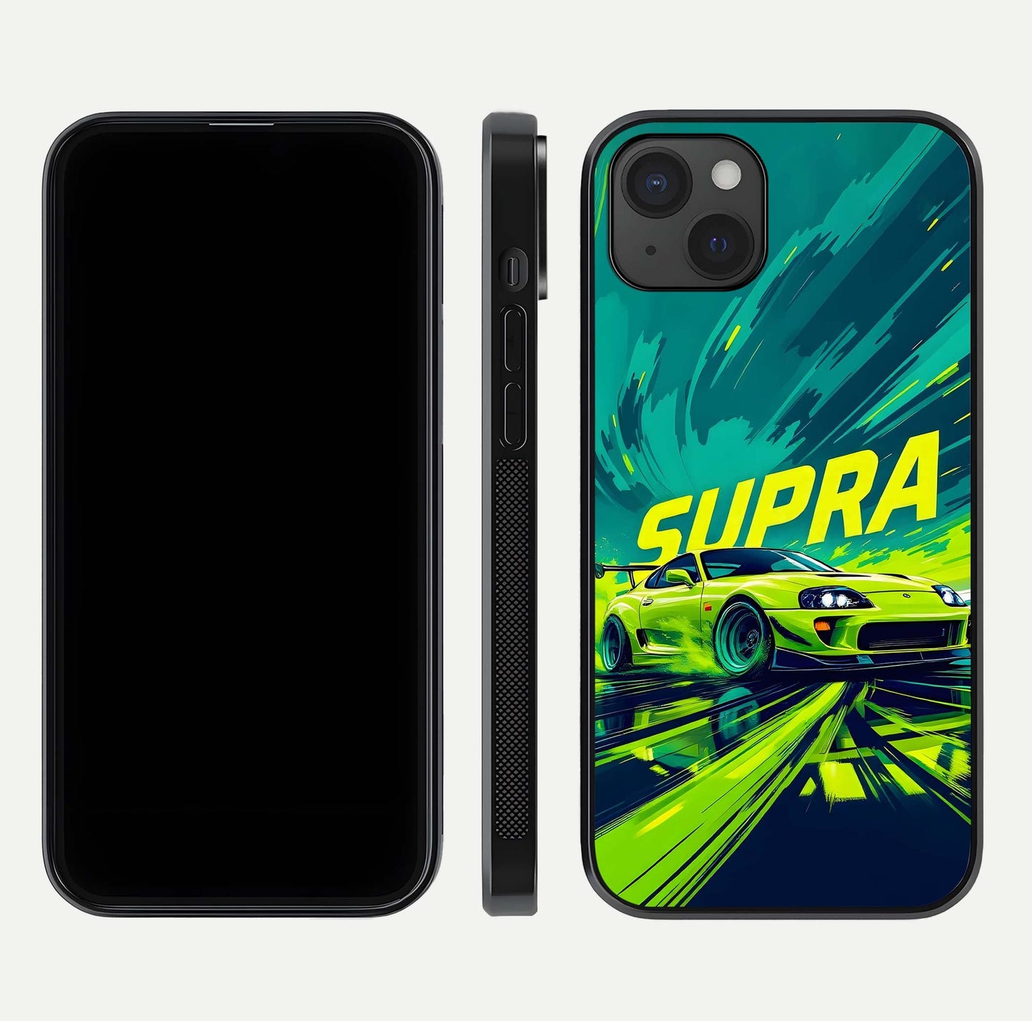 Electric Supra Thunder Glass Case for iPhone 15 Plus dual-view layout displaying dynamic motion art and curved finish