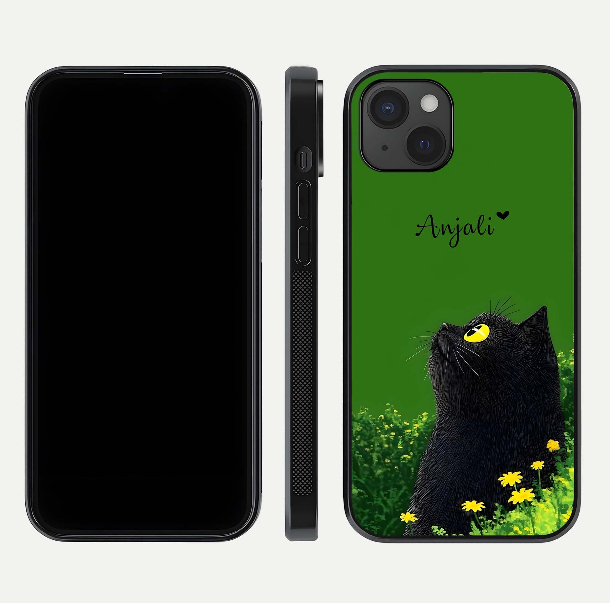 Emerald Cat Custom Name Glass Case for iPhone 15 Plus dual-view layout displaying artistic tones and smooth curves