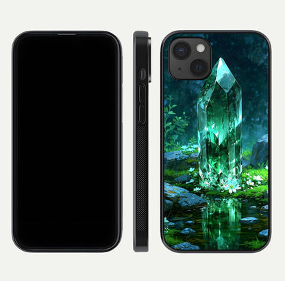 Emerald Light Crystal Glass Case for iPhone 15 Plus dual-view layout displaying gem-like tones and polished edge