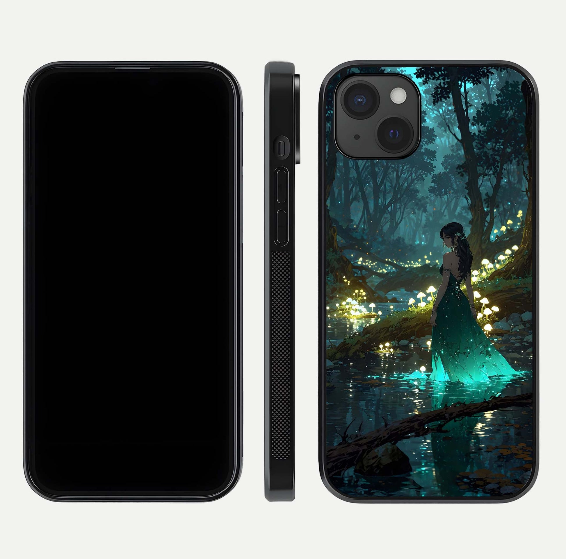 Enchanted Forest Glow Glass Case for iPhone 15 Plus dual-view layout displaying green tones and smooth glass