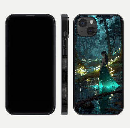 Enchanted Forest Glow Glass Case for iPhone 15 Plus dual-view layout displaying green tones and smooth glass