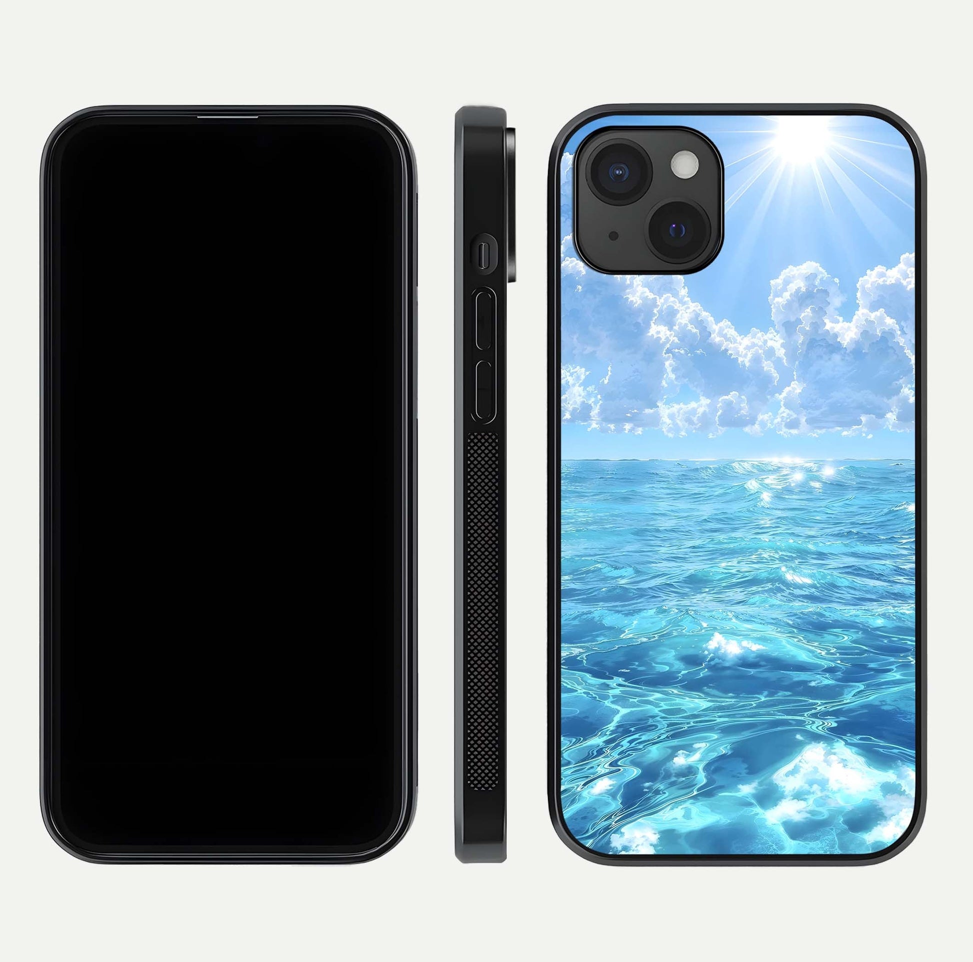 Endless Ocean Horizon Glass Case for iPhone 15 Plus dual-view layout displaying calm seascape and curved edges
