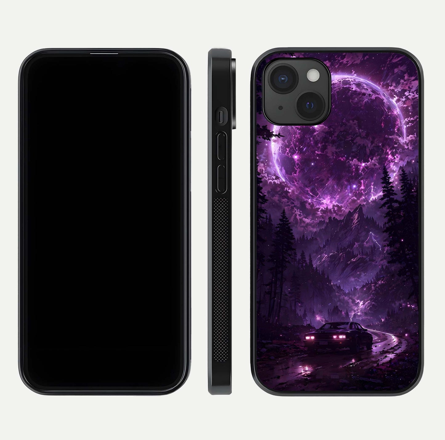 Eternal Cosmic Drive Glass Case for iPhone 15 Plus dual-view layout displaying outer-space tones and curved finish