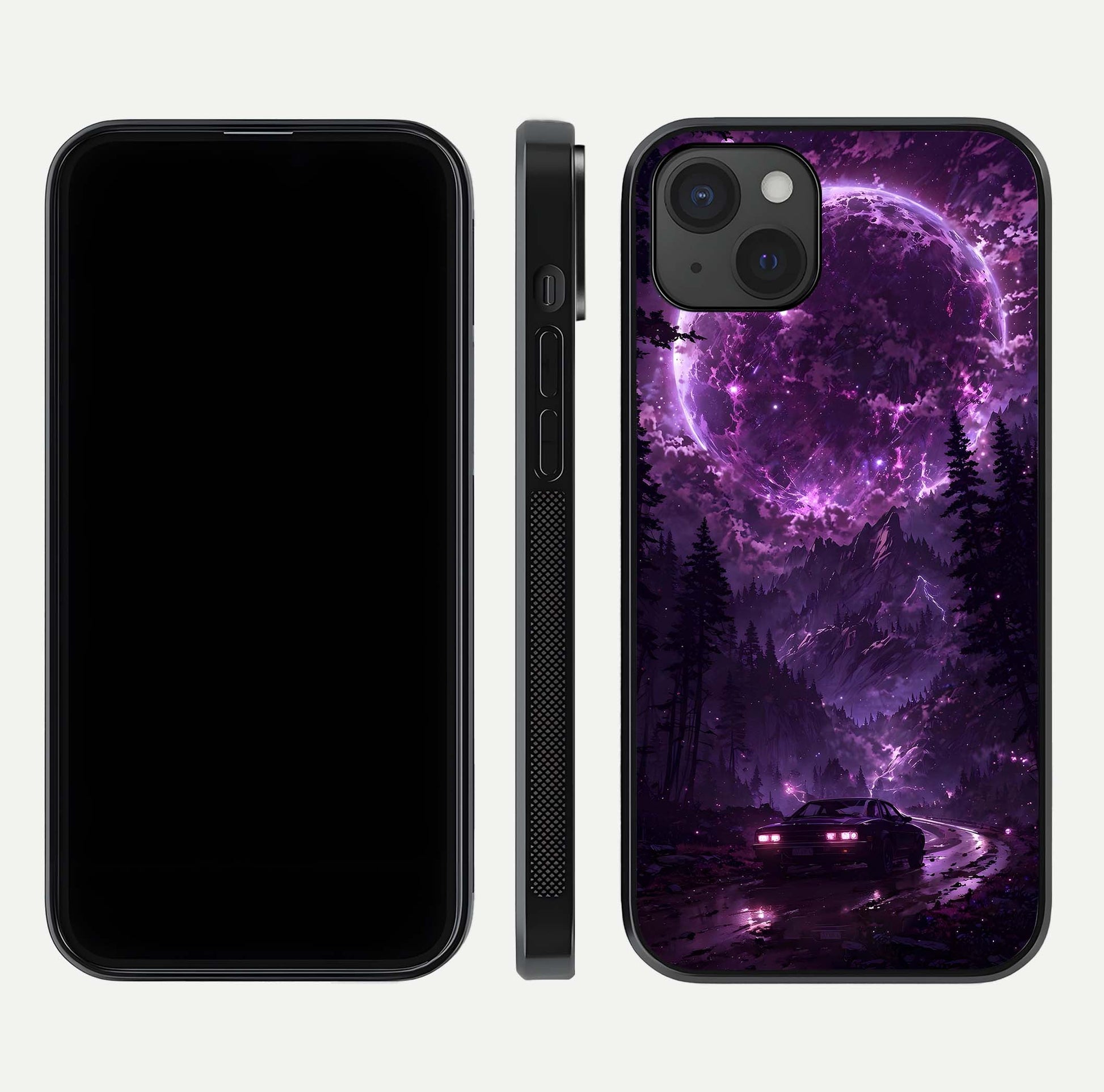 Eternal Cosmic Drive Glass Case for iPhone 15 Plus dual-view layout displaying outer-space tones and curved finish