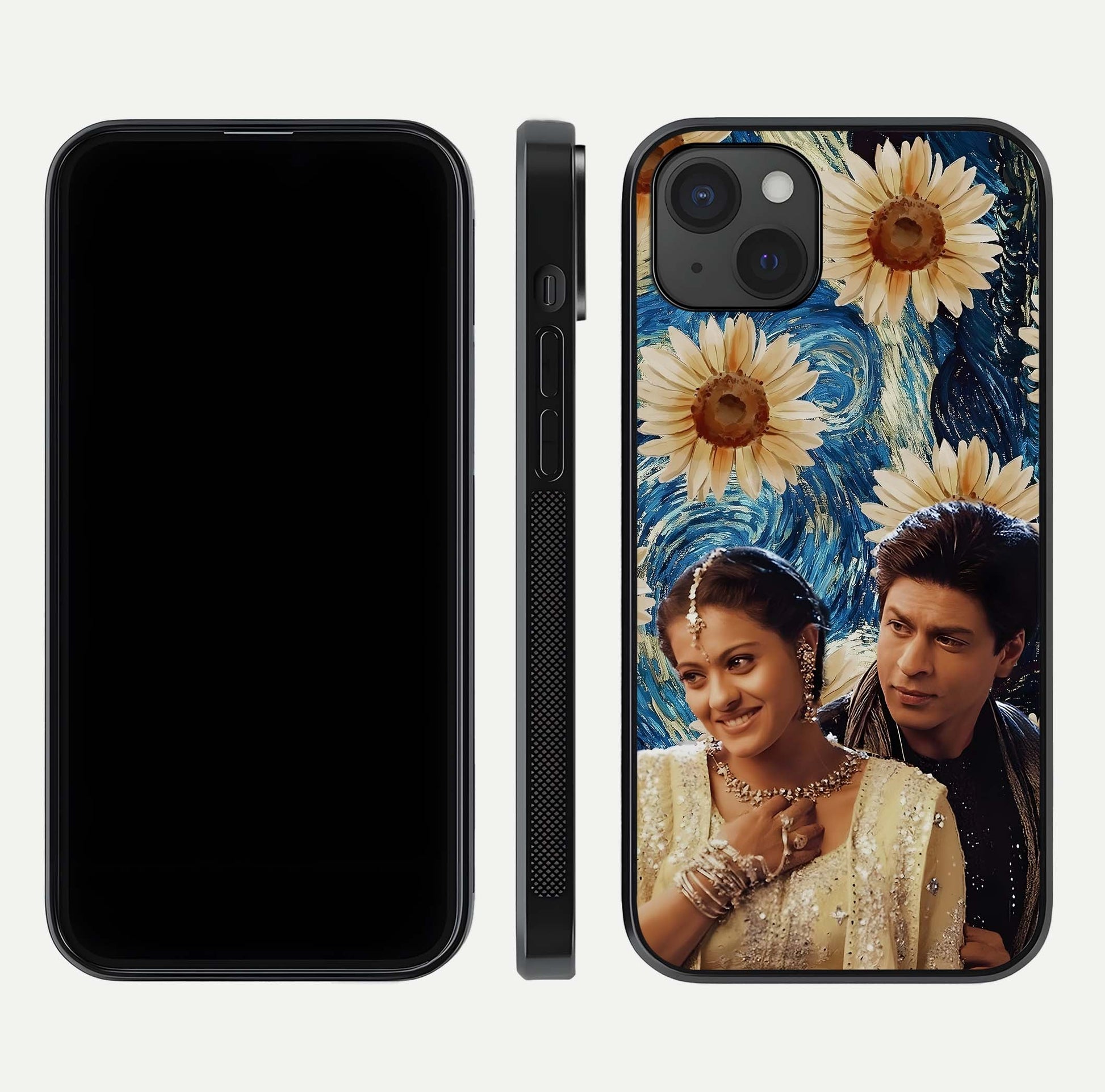 Eternal Love Story Glass Case for iPhone 15 Plus dual-view layout displaying soft hues and smooth glass