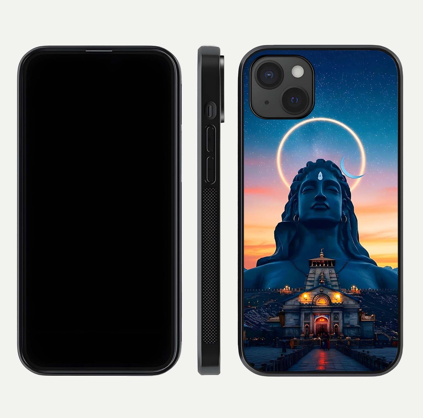 Eternal Shiva Aura Glass Case for iPhone 15 Plus dual-view layout displaying HD deity print and smooth edge