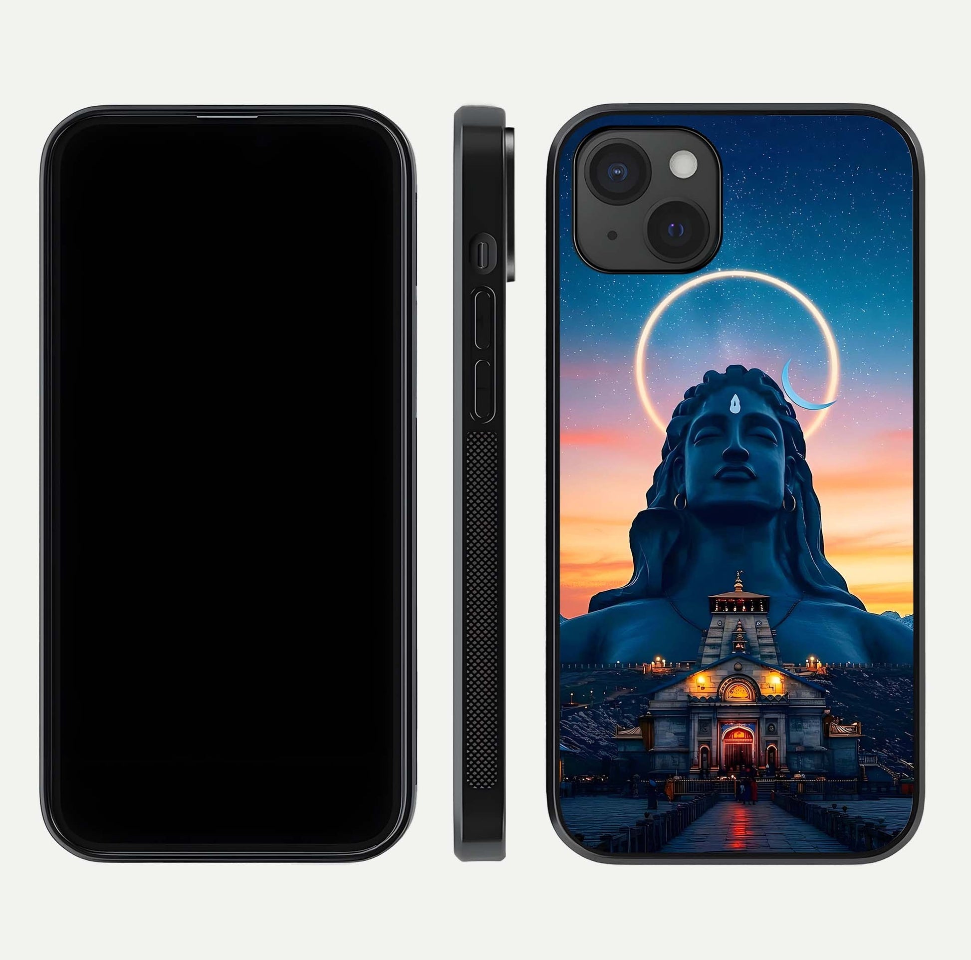 Eternal Shiva Aura Glass Case for iPhone 15 Plus dual-view layout displaying HD deity print and smooth edge