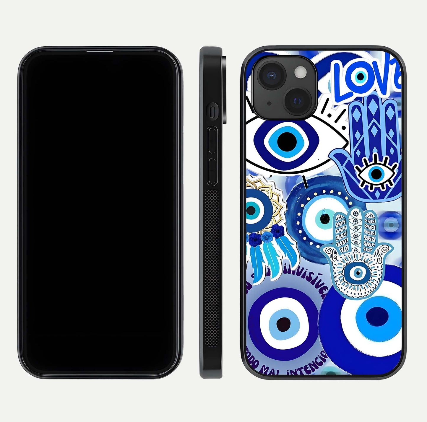 Evil Eyes Dream Glass Case for iPhone 15 Plus dual-view layout displaying spiritual motif and polished curved edge