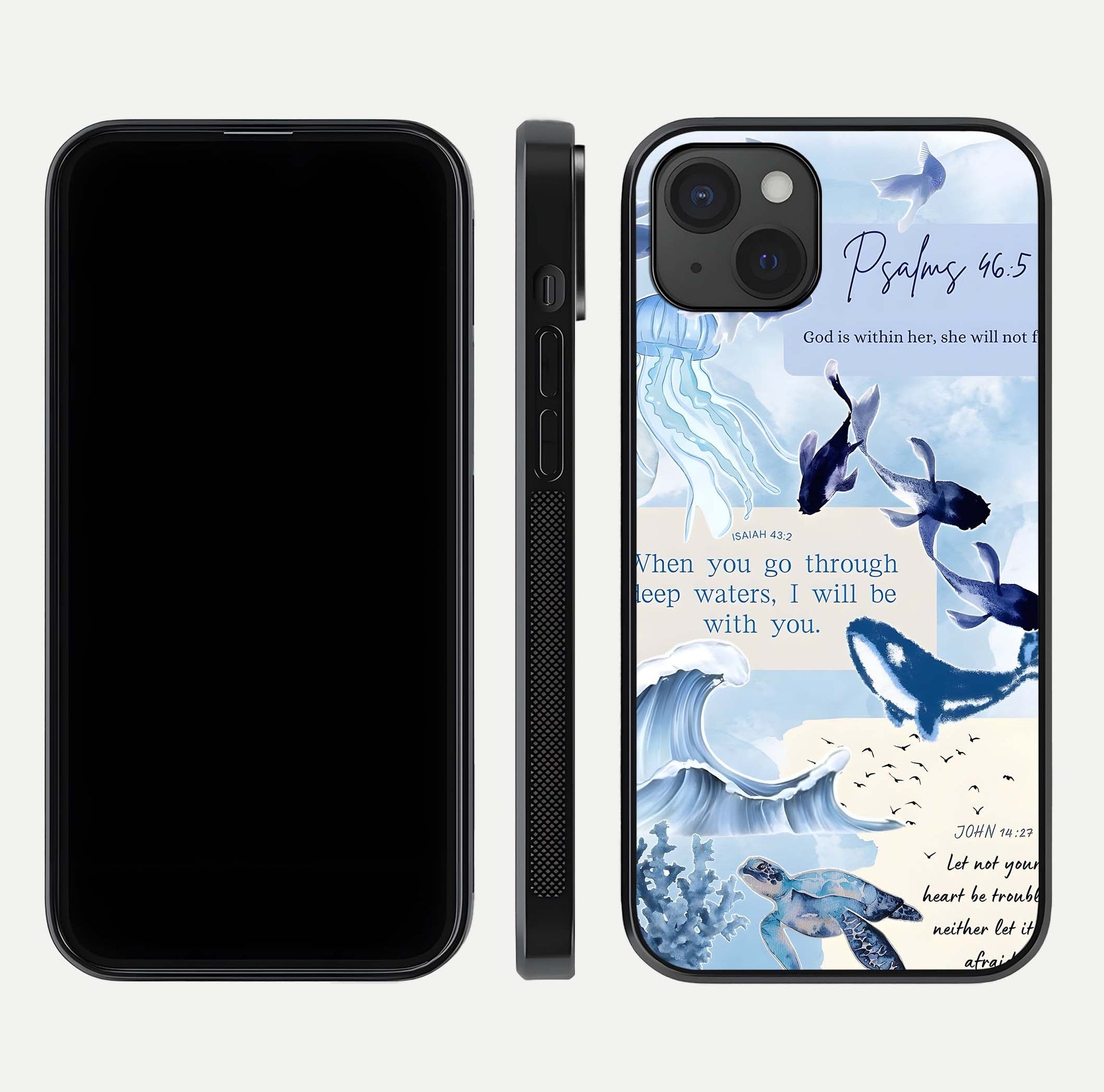 Faithful Ocean Promise Glass Case for iPhone 15 Plus dual-view layout showing sea horizon art and curved polish