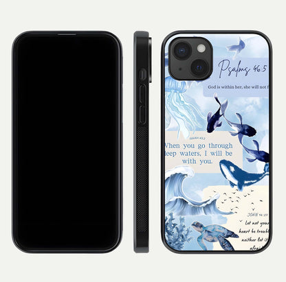 Faithful Ocean Promise Glass Case for iPhone 15 Plus dual-view layout showing sea horizon art and curved polish