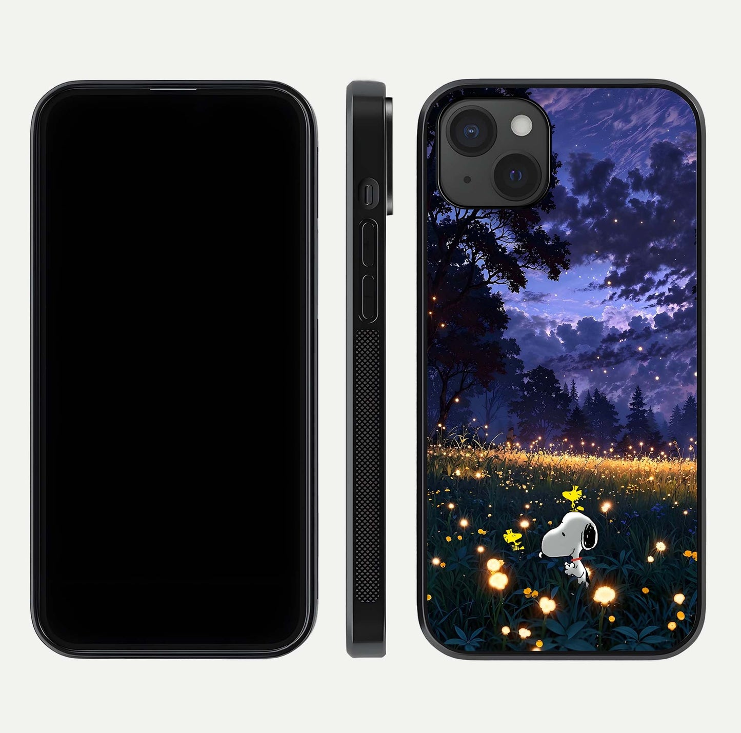 Firefly Meadow Magic Glass Case for iPhone 15 Plus dual-view layout displaying enchanting tones and curved edges