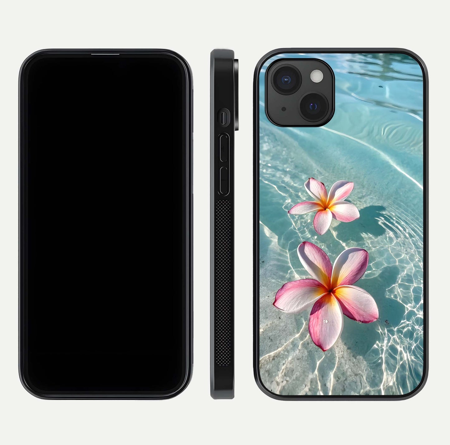 Floating Bloom Bliss Glass Case for iPhone 15 Plus dual-view layout displaying soft pastel flowers and curved glass